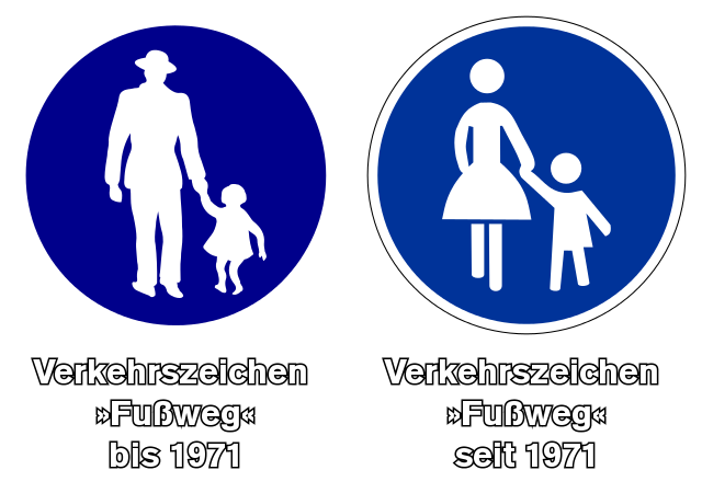 Eine Gegenüberstellung der Verkehrszeichen 'Fußweg' vor 1971 und seit 1971. In der älteren Version nimmt ein Mann das Kind an die Hand, in der gegenwärtig verwendeten Version nimmt eine Frau das Kind an die Hand.