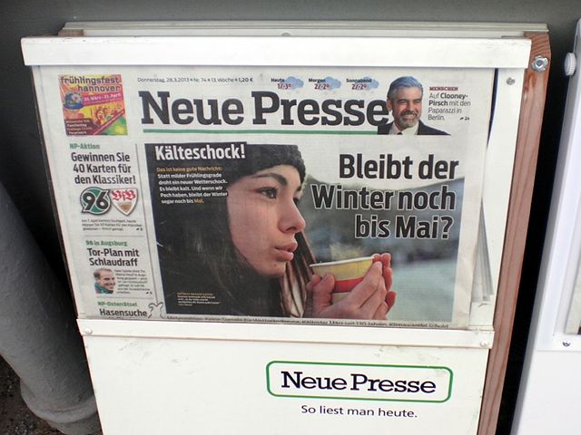 Hannöversche Lokalpresse aus dem März dieses Jahres mit der Schlagzeile: Kälteschock! Bleibt der Winter noch bis Mai?