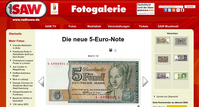 Screenshot von Radio SAW: Die neue 5-Euro-Note -- und darunter eine 5-DM-Note einer Ersatzserie der Deutschen Bundesbank
