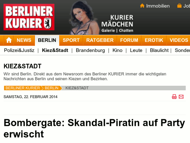 Screenshot einer Zeitungswebsite mit der Schlagzeile 'Bombergate: Skandal-Piratin auf Party erwischt