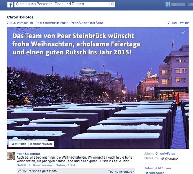Foto im Facebook-Profil von Peer Steinbrück. Schneebedecktes Holocaust-Mahnmal in Berlin, im Hintergrund die Kuppel des Reichstages. Dazu der Text 'Das Team von Peer Steinbrück wünscht frohe Weihnachten, erholsame Feiertag und einen guten Rutsch ins Jahr 2015'