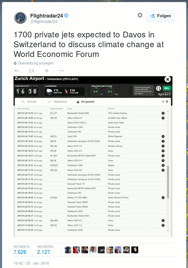 Tweet von @flightradar24: 1700 private jets expected to Davos in Switzerland to discuss climate change at World Economic Forum