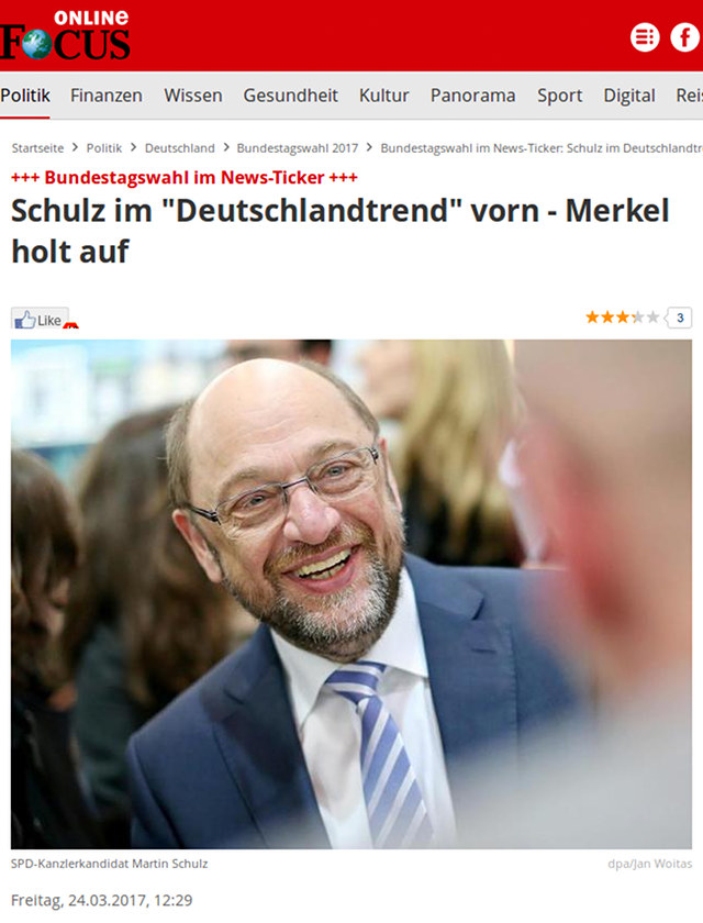 Screenshot Focus Online vom Freitag, den 24 März 2017, 12:29 Uhr -- +++ Bundestagswahl im News-Ticker +++ Schulz im Deutschlandtrend 'vorn', Merkel holt auf