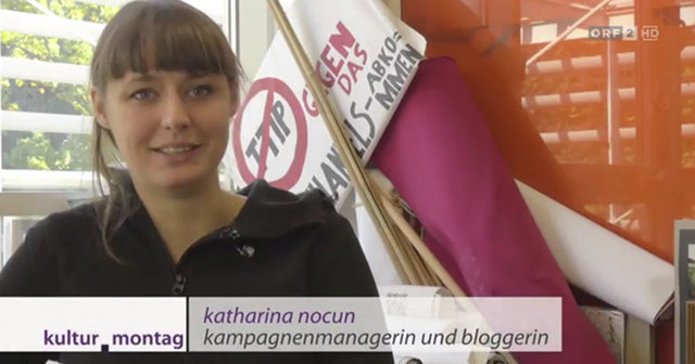 Screenshot aus dem ORF-Fernsehen, Katharina Nocun, in der 'Bauchbinde' ist eingeblendet: Kampagnenmanagerin und Bloggerin